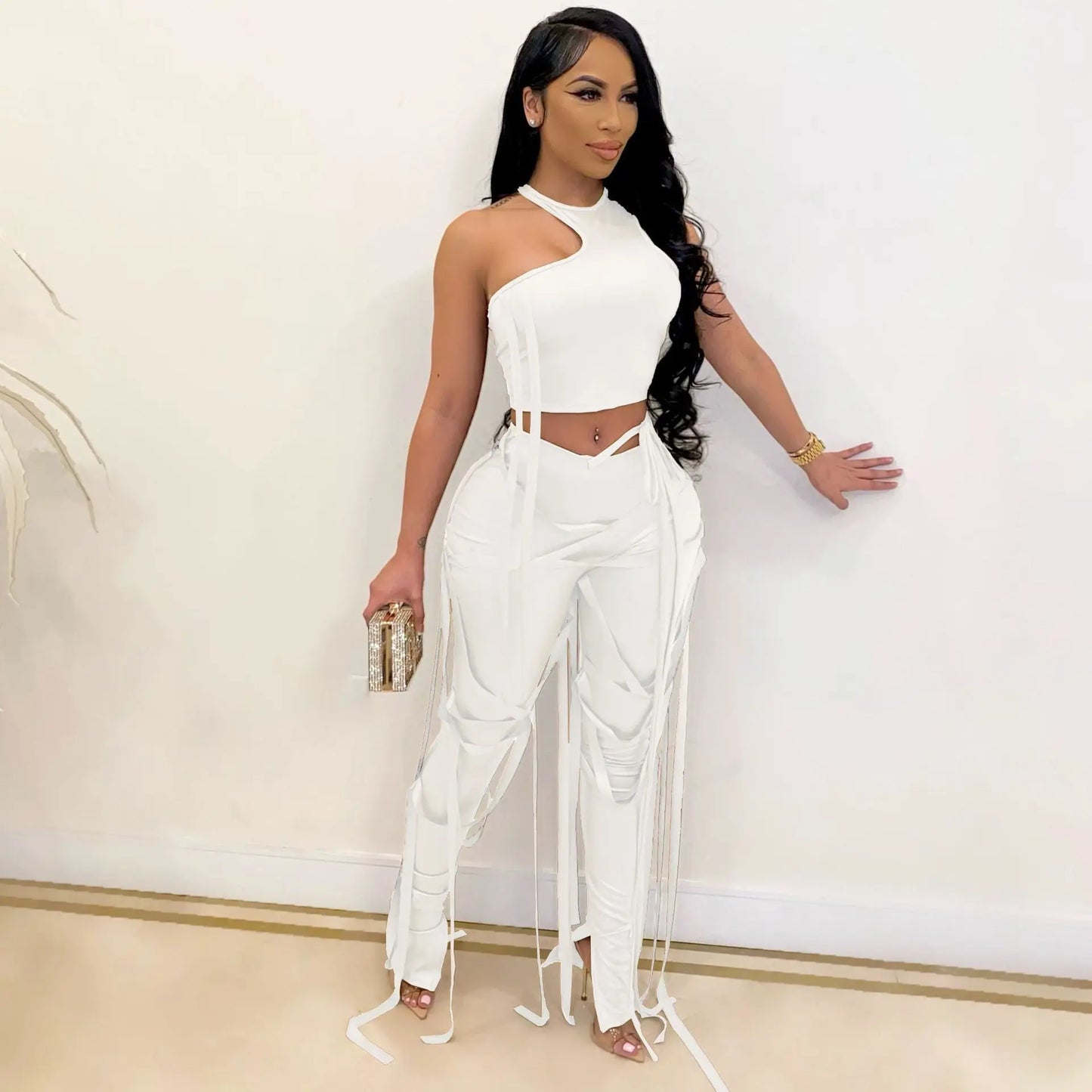 2026 Leather Women's Set Drawstring Lace Up Slit Leggings Pants Suit and Crop Top Street Tracksuit Two Piece Set Outfit