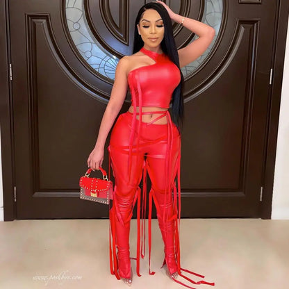 2026 Leather Women's Set Drawstring Lace Up Slit Leggings Pants Suit and Crop Top Street Tracksuit Two Piece Set Outfit