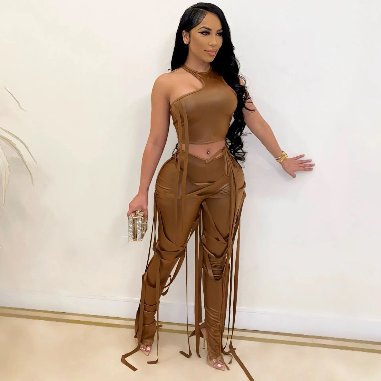 2026 Leather Women's Set Drawstring Lace Up Slit Leggings Pants Suit and Crop Top Street Tracksuit Two Piece Set Outfit