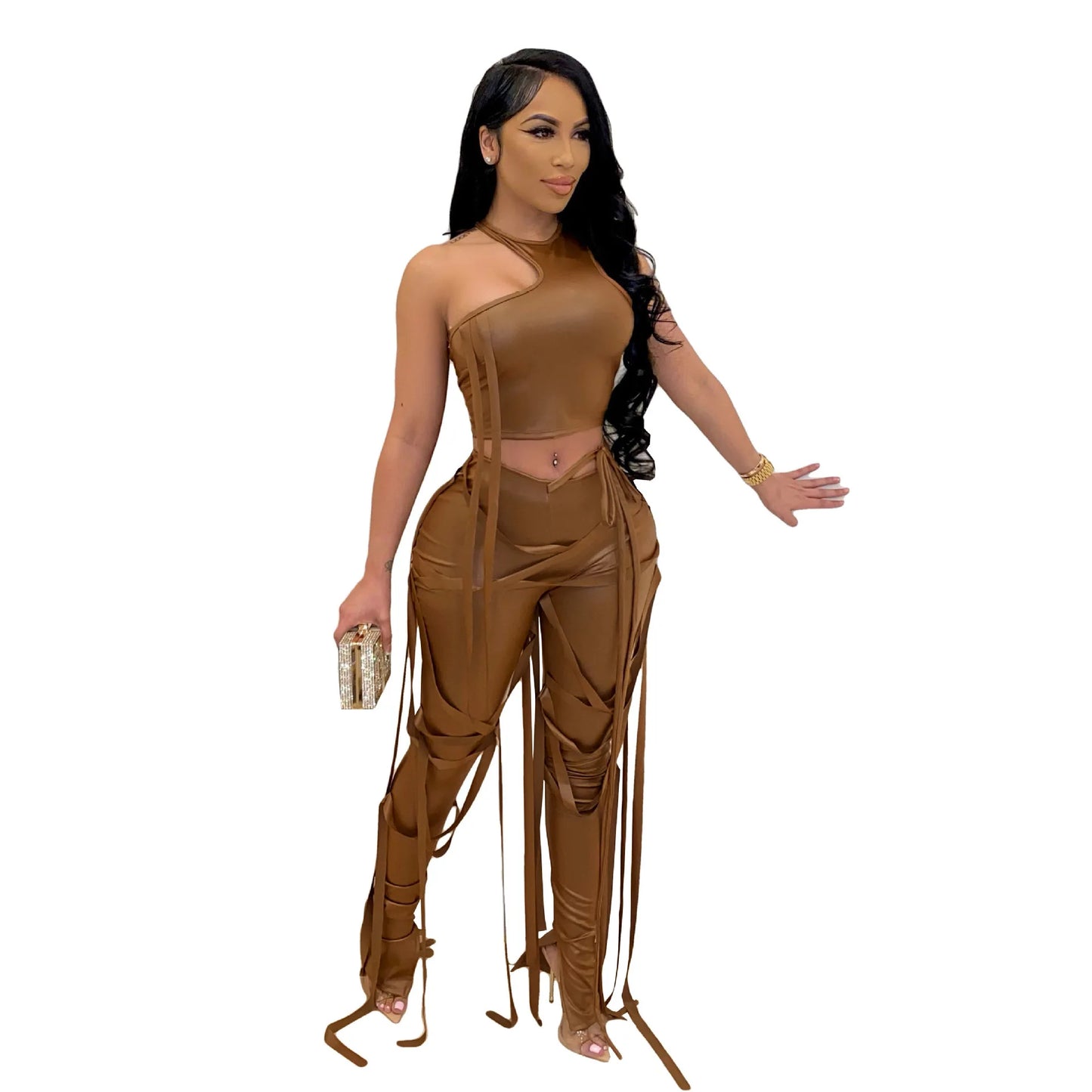 2026 Leather Women's Set Drawstring Lace Up Slit Leggings Pants Suit and Crop Top Street Tracksuit Two Piece Set Outfit