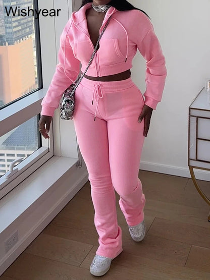 Women's Autumn Fashion Sport Suit Two-Piece Set Hooded Crop Top with Pockets Drawstring Patchwork Pants Streetwear Tracksuit