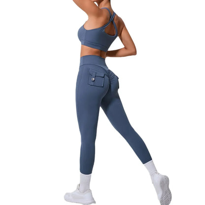 Seamless Yoga Sets Sports Fitness High Waist Hip-lifting Pocket Pants Beauty Back Vest Suits Workout Gym Leggings Sets for Women