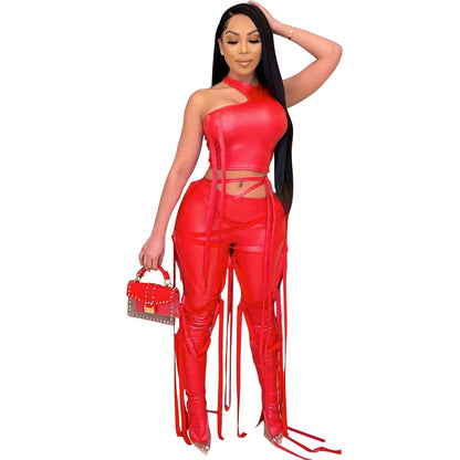 2026 Leather Women's Set Drawstring Lace Up Slit Leggings Pants Suit and Crop Top Street Tracksuit Two Piece Set Outfit