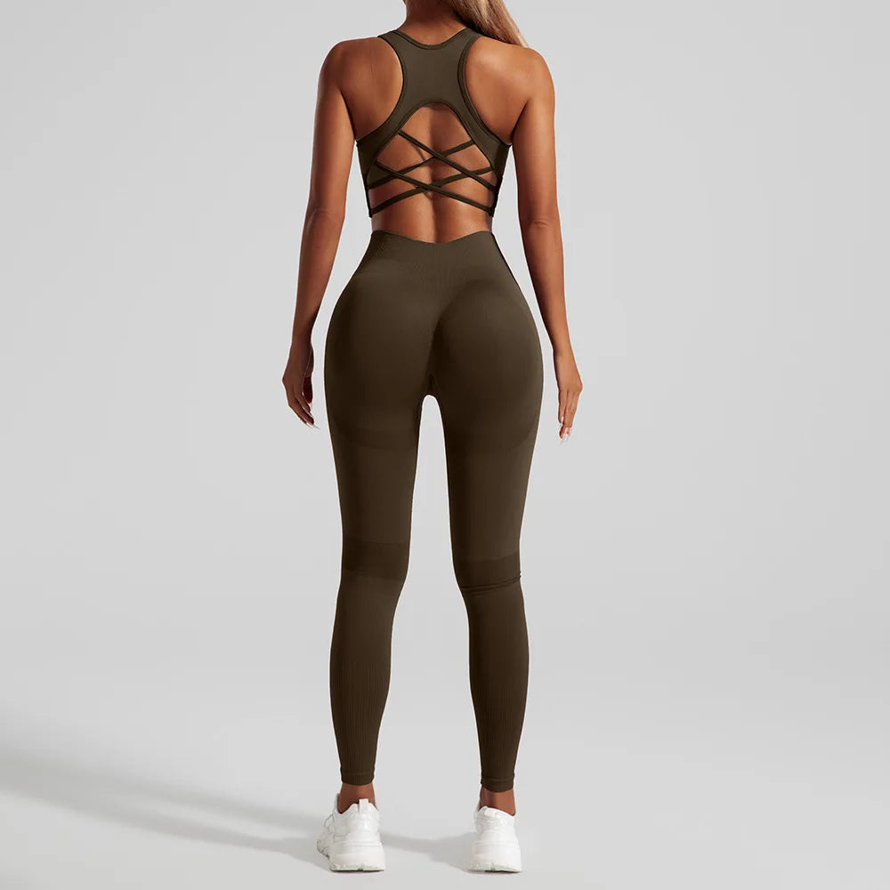 Seamless Yoga Set Two Piece Set Womens Outifits Workout Gym Set Fitness Clothing Tracksuit Backless Crop Top Leggings Sport Suit 2026