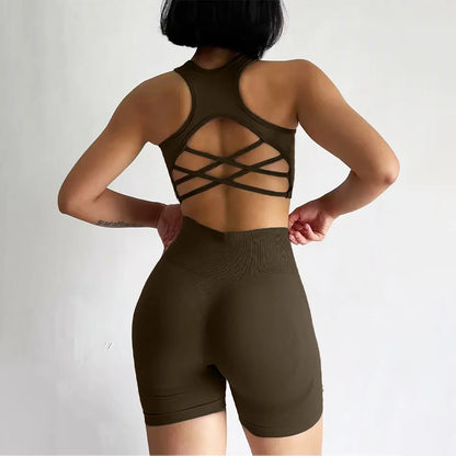 2 PCS Women's Seamless Yoga Set Sexy Sport Bra High Waist Sports Shorts Gym Fitness Sleeveless Workout Suit Sporstwear