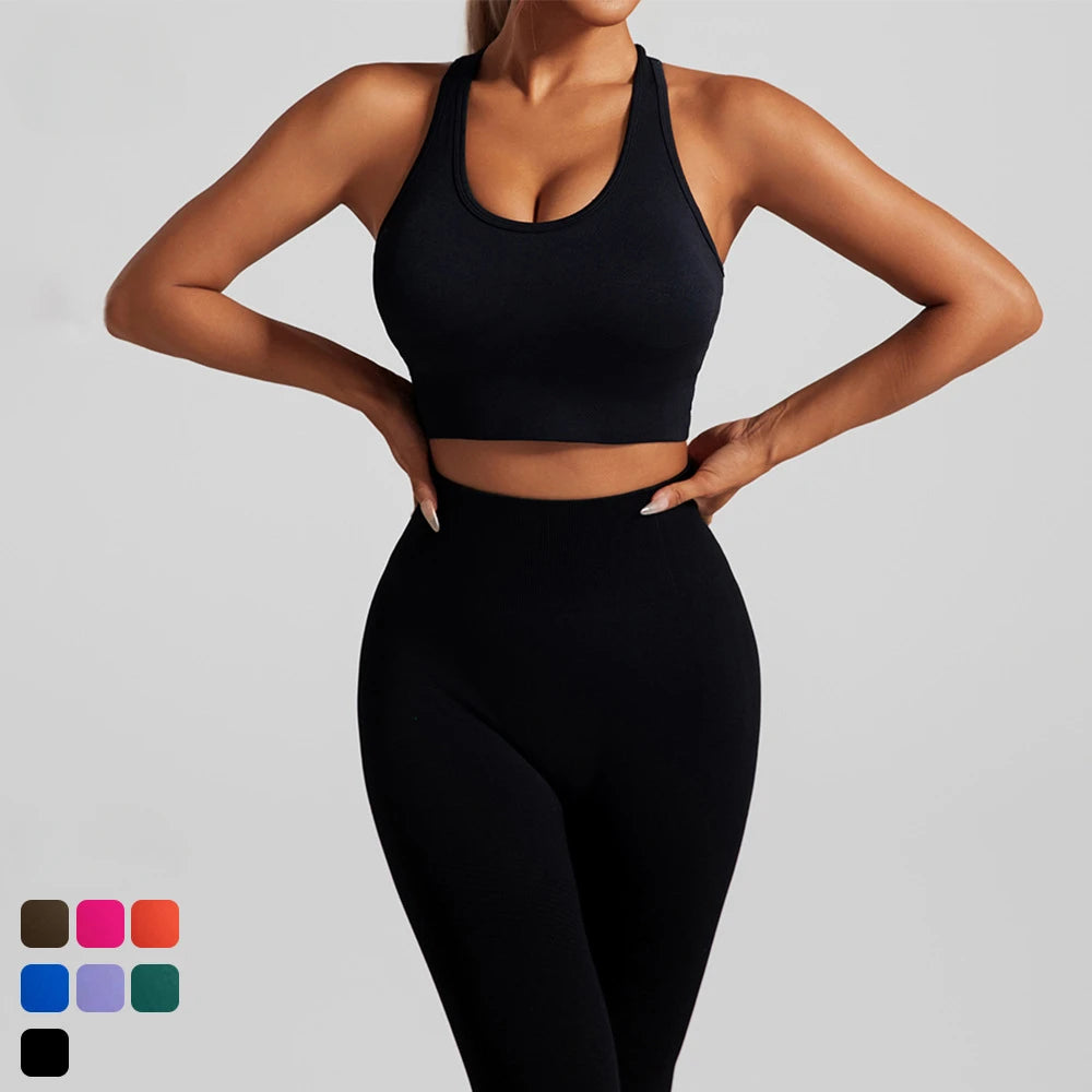 Seamless Yoga Set Two Piece Set Womens Outifits Workout Gym Set Fitness Clothing Tracksuit Backless Crop Top Leggings Sport Suit 2026