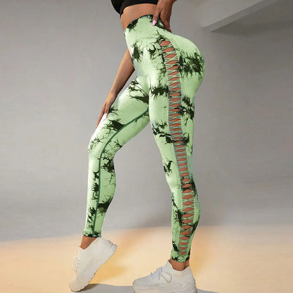 Cycling Sport Leggings Side mesh design yoga Pants Butt Lifting Tie dye Tights High Waist no awkward lines Slim Fitness pants