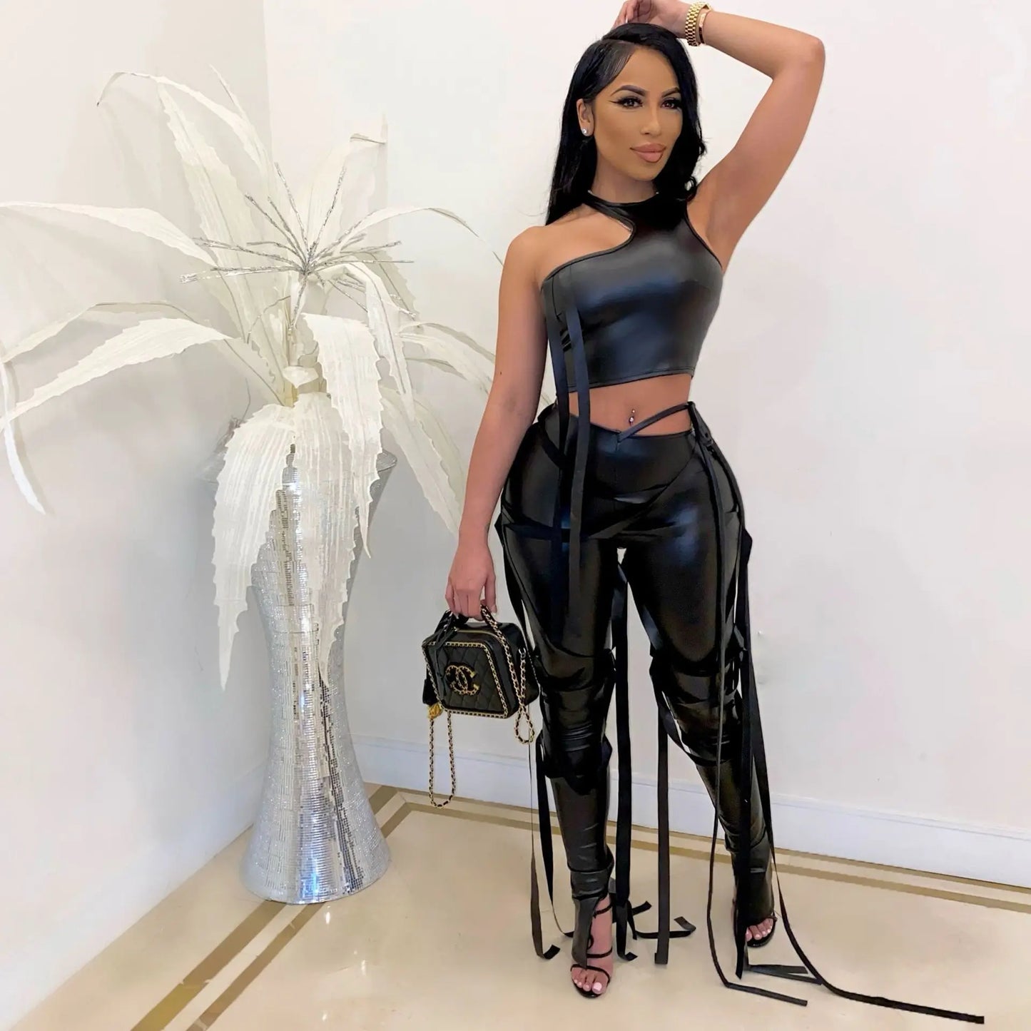 2026 Leather Women's Set Drawstring Lace Up Slit Leggings Pants Suit and Crop Top Street Tracksuit Two Piece Set Outfit