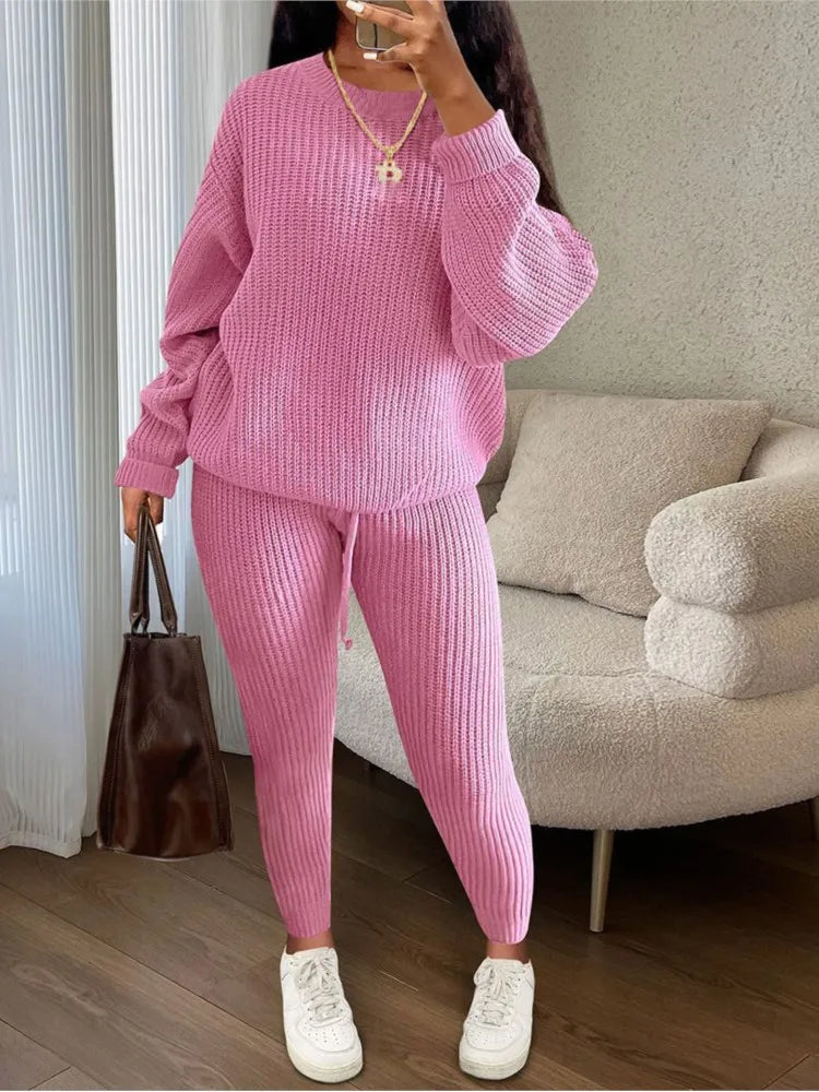 Fashion Casual Knitted Suits Long Pants Suits Women's Woolen Suits New Fashion Elegant Casual Solid Two Piece Outfits Woman Multi Colors