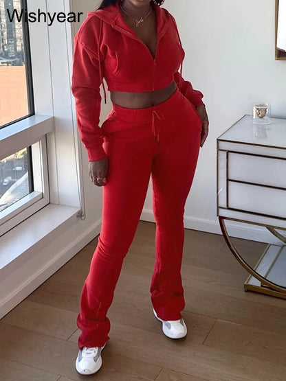 Women's Autumn Fashion Sport Suit Two-Piece Set Hooded Crop Top with Pockets Drawstring Patchwork Pants Streetwear Tracksuit