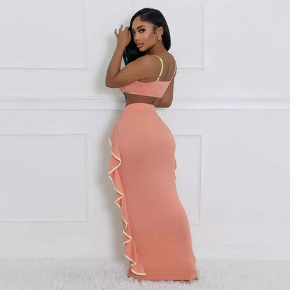 Two Piece Dress for Women 2 Piece Sets Spaghetti Strap Tops Ruffle Maxi Skirt Suits Women 2 Piece Outfit