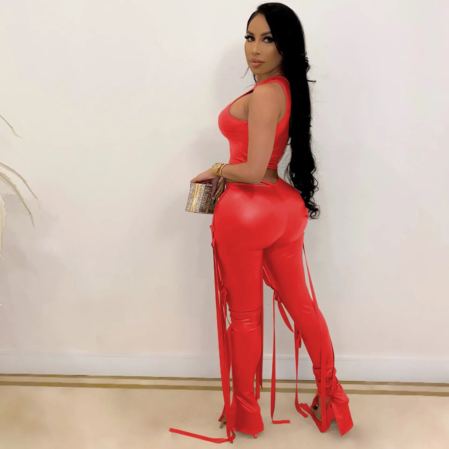 2026 Leather Women's Set Drawstring Lace Up Slit Leggings Pants Suit and Crop Top Street Tracksuit Two Piece Set Outfit