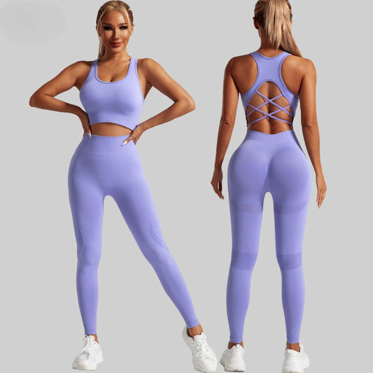 Seamless Yoga Set Two Piece Set Womens Outifits Workout Gym Set Fitness Clothing Tracksuit Backless Crop Top Leggings Sport Suit 2026