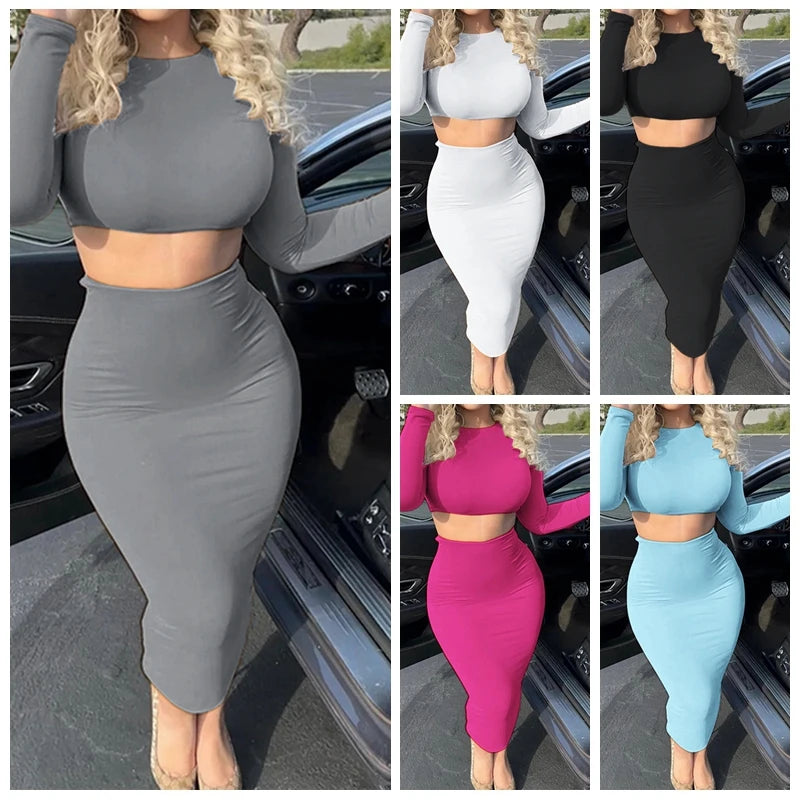 Multi Colors Womens Dress Sets Long Sleeve Crop Tops And Mid Calf Skirt Suit Fashion 2PCS Set Slim Office Lady Autumn Suits Clothing