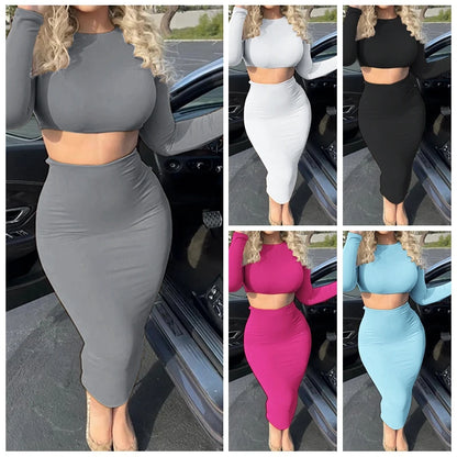 Multi Colors Womens Dress Sets Long Sleeve Crop Tops And Mid Calf Skirt Suit Fashion 2PCS Set Slim Office Lady Autumn Suits Clothing