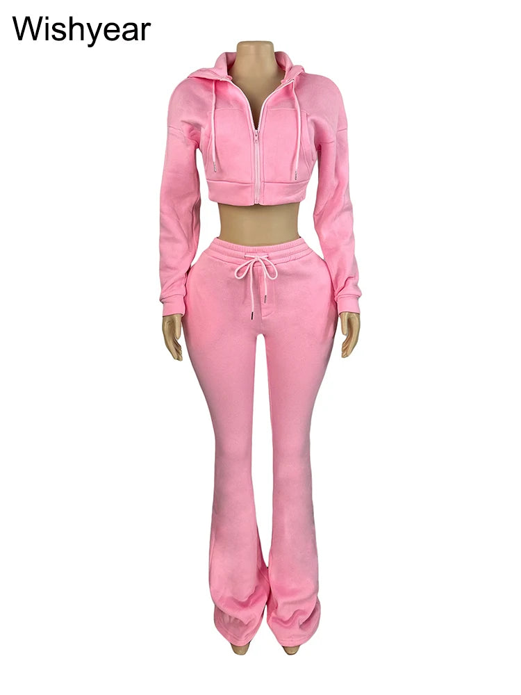 Women's Autumn Fashion Sport Suit Two-Piece Set Hooded Crop Top with Pockets Drawstring Patchwork Pants Streetwear Tracksuit