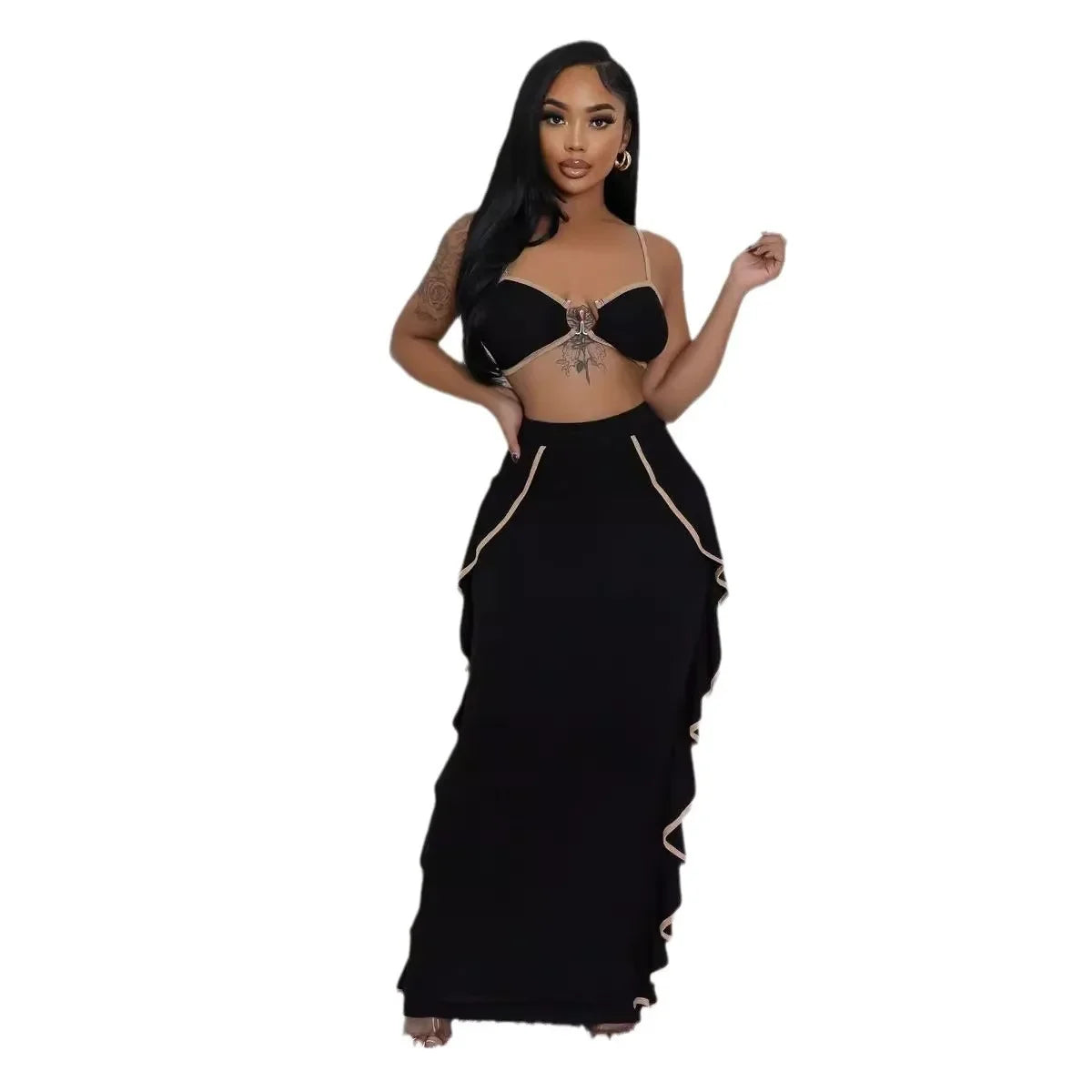 Two Piece Dress for Women 2 Piece Sets Spaghetti Strap Tops Ruffle Maxi Skirt Suits Women 2 Piece Outfit