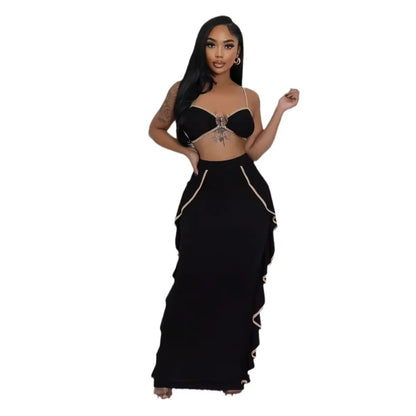 Two Piece Dress for Women 2 Piece Sets Spaghetti Strap Tops Ruffle Maxi Skirt Suits Women 2 Piece Outfit