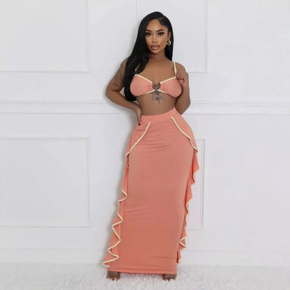 Two Piece Dress for Women 2 Piece Sets Spaghetti Strap Tops Ruffle Maxi Skirt Suits Women 2 Piece Outfit