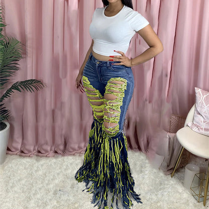 American Tassel Brushed Denim Trousers For Women's Casual Flared Trousers