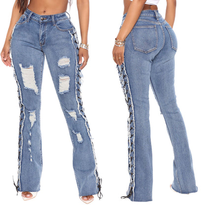 Eyelet Rope High Elasticity Slim Fit Ripped Denim Jeans