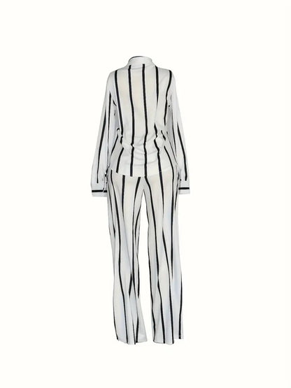 2025 New Stripe Printed Two Piece Set, Button Front Collar Long Sleeve Shirt&High Waist Wide Leg Loose Pants Set, Fashionable Women's Wear
