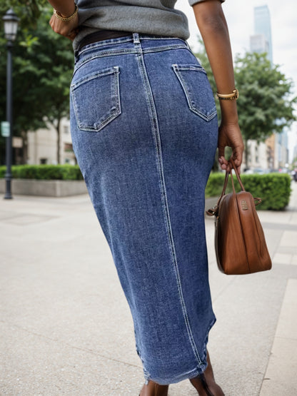 2025 SpringSummer New Women's Elastic Denim Large Size Medium Long Skirt, Casual Blue Large Size Denim Skirt, Split Denim Dress