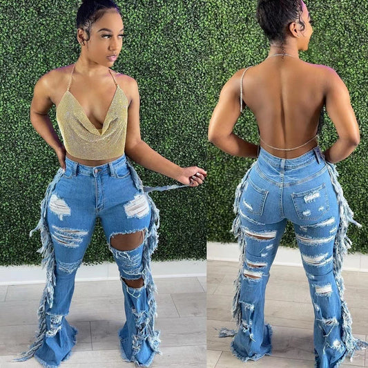 Natural Body Fit American Distressed Washed Tassel Jeans