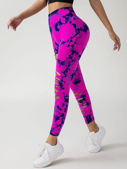 New Style Women's High-Waisted Yoga Leggings With Hollow-Out & Tie-Dye Design