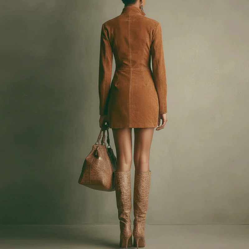 Deer Skin Velvet French Long-sleeve Zipper Dress Short Skirt