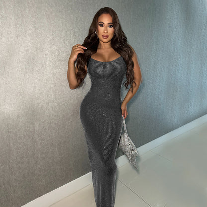 2026 Wear Sexy Mesh Hot Drilling Arm Covering Backless Dress