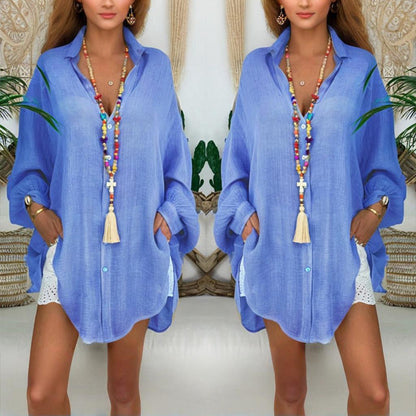 Natural Body Plus Size Women's Solid Color Notch Lapel Long Sleeve Dress With Button Front Sheer Lightweight Midi Dress For Summer