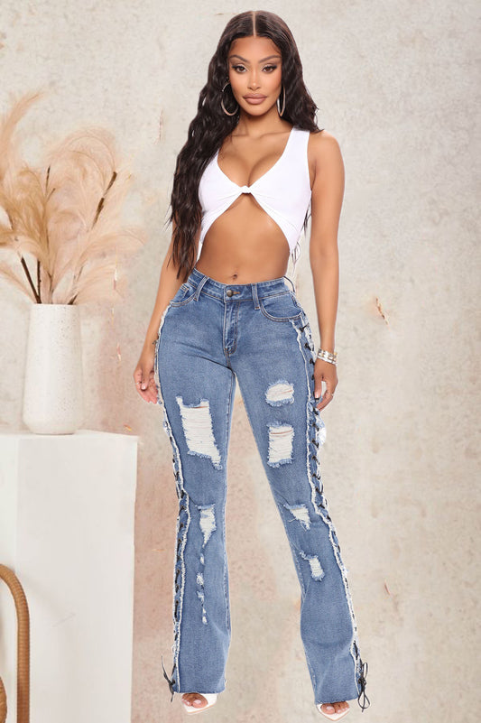 Eyelet Rope High Elasticity Slim Fit Ripped Denim Jeans