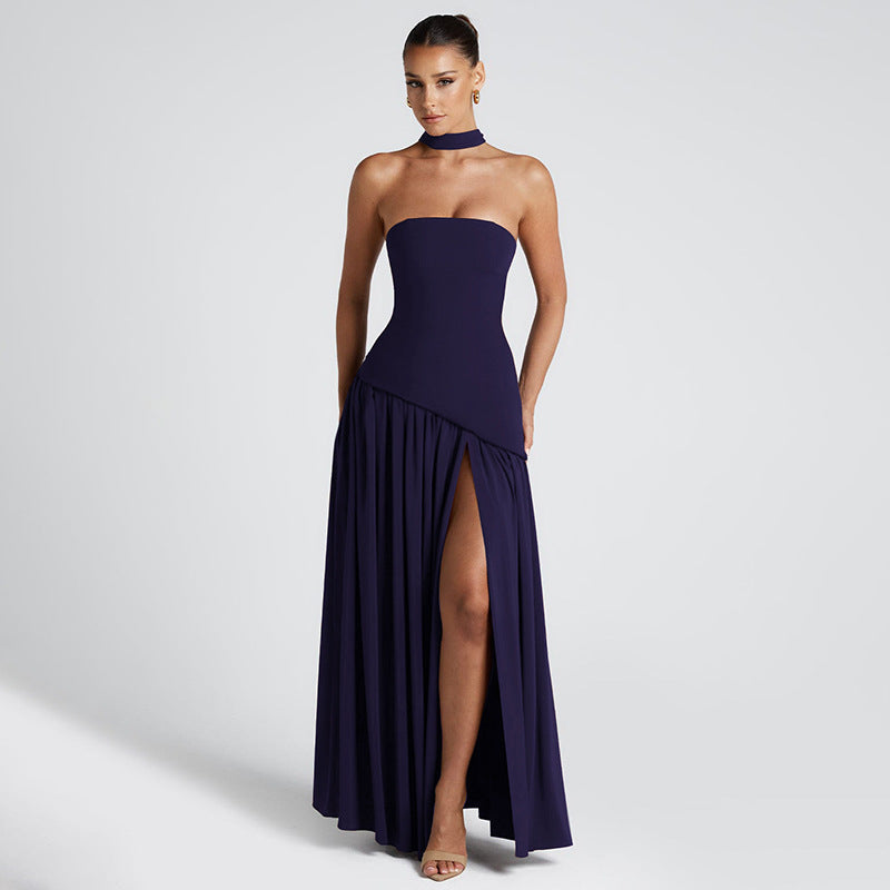 Natural Body Pure Color Split Backless Elegant Streamer Dress with streamer