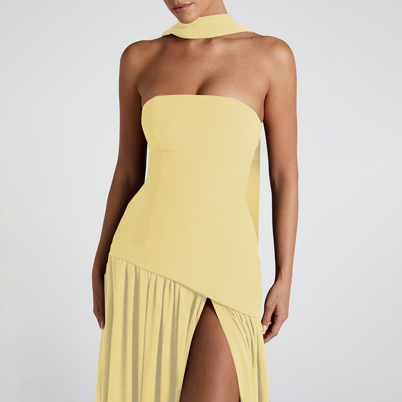 Natural Body Pure Color Split Backless Elegant Streamer Dress with streamer