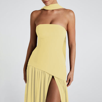 Natural Body Pure Color Split Backless Elegant Streamer Dress with streamer