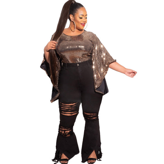 Women's Large Size Slim Fit Ripped Tassel Jeans