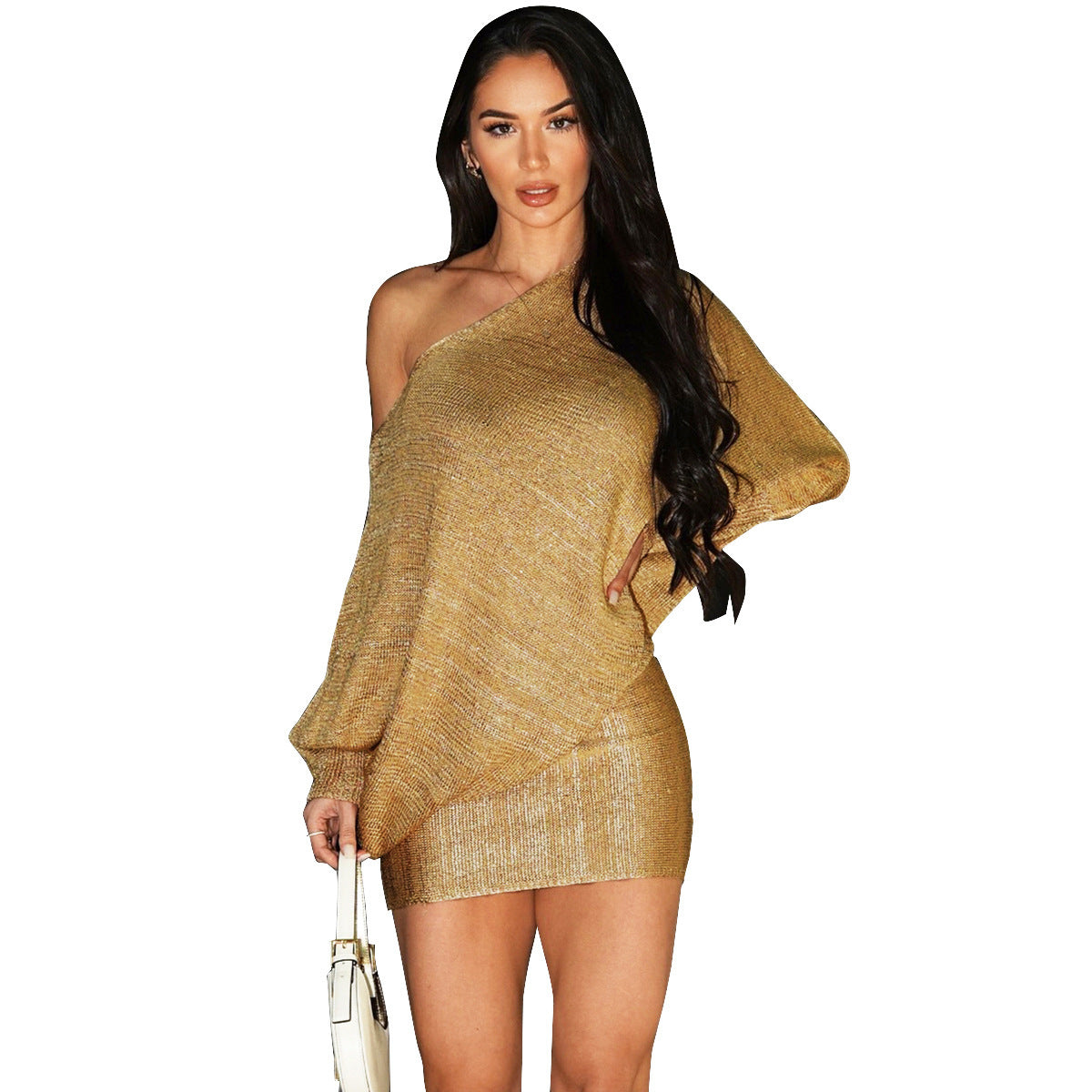 She Sexy Diagonal Collar Long Sleeve Bronzing European And American Style Dress Women