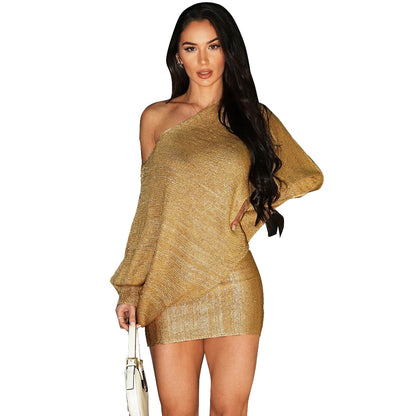 She Sexy Diagonal Collar Long Sleeve Bronzing European And American Style Dress Women