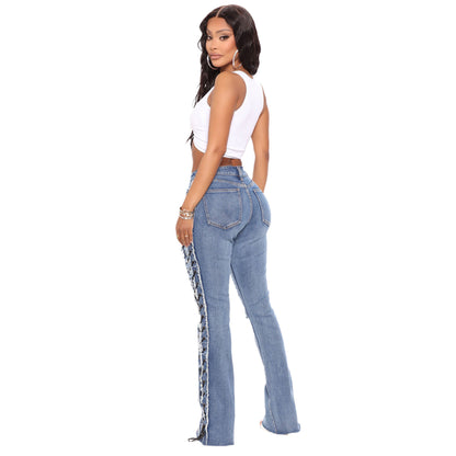 Eyelet Rope High Elasticity Slim Fit Ripped Denim Jeans