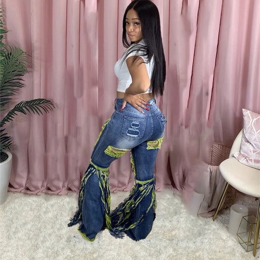 American Tassel Brushed Denim Trousers For Women's Casual Flared Trousers