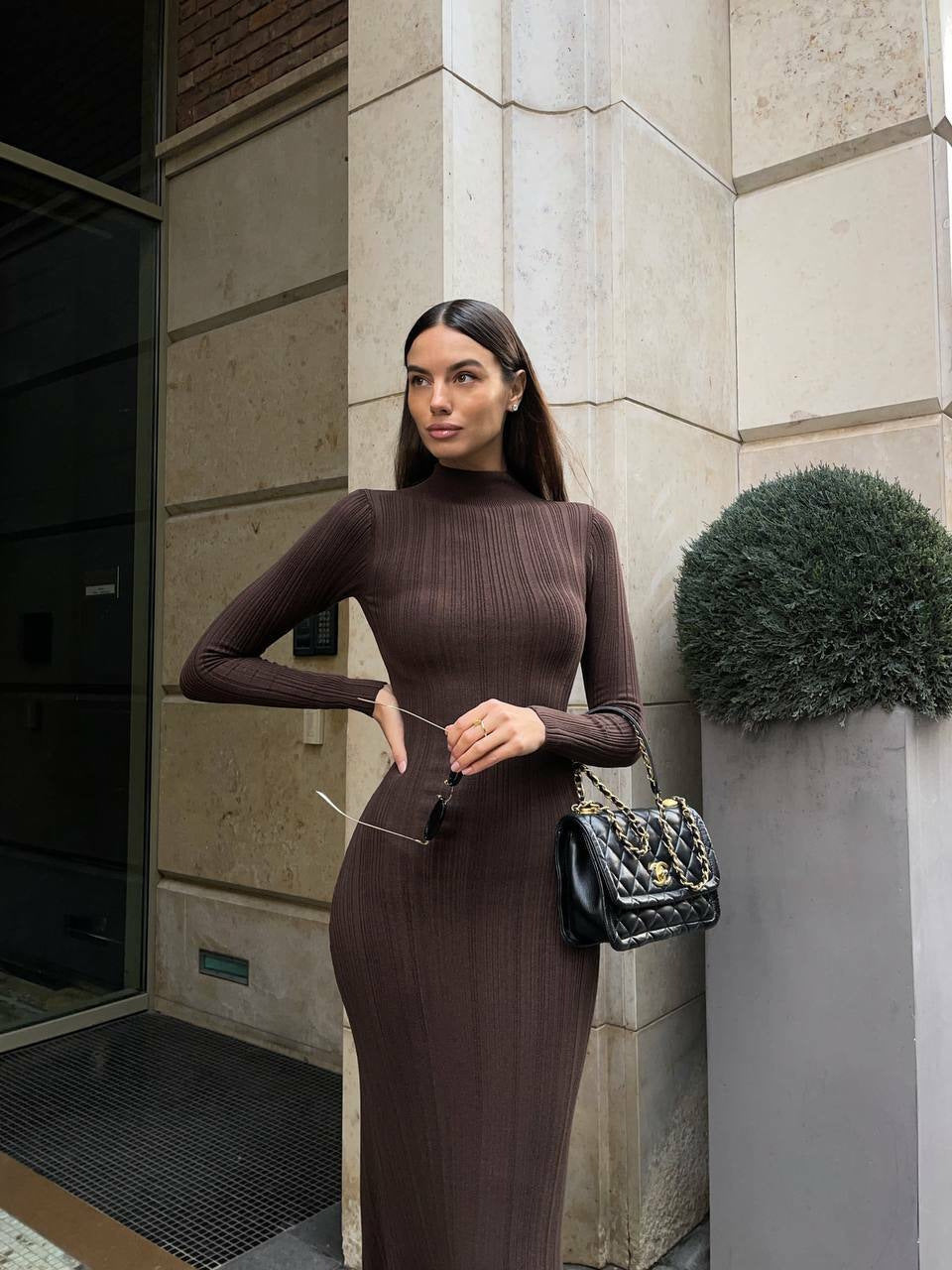 Knitted Turtleneck Long-sleeve Dress, Long Elegant French-style Knitted Dress For Women