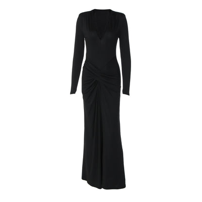 Fashionable Slim-fit Tight Waist Twisted Solid Color Long-sleeved Dress