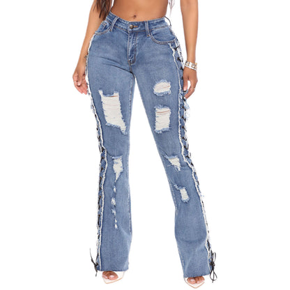 Eyelet Rope High Elasticity Slim Fit Ripped Denim Jeans