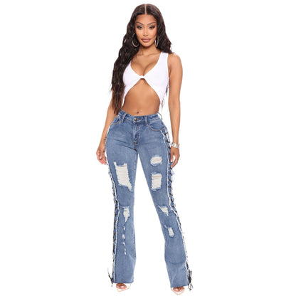 Eyelet Rope High Elasticity Slim Fit Ripped Denim Jeans